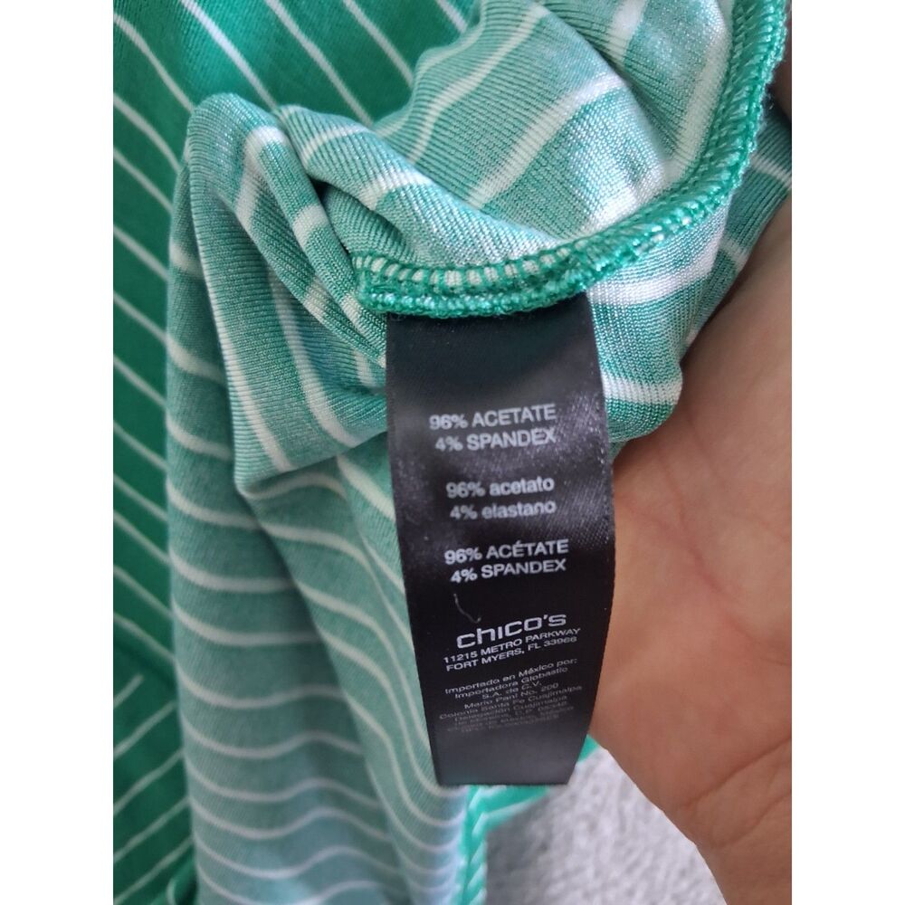 Chicos Travelers Top Sz 2 Lg Petite Liquid Knit 3/4 Sleeve Green Stripe Coastal - Picture 6 of 10
